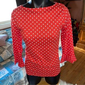 Ralph Lauren LRL Shirt Top Womens Medium Red White Polkadot 3/4 Bell Sleeve